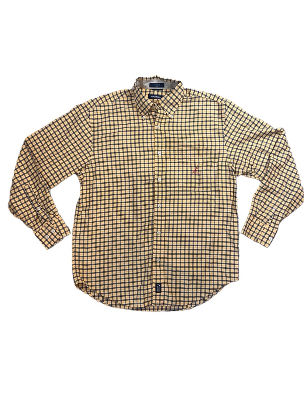 Nautica Y2K, yellow blue checkered, long sleeve button up preppy academia